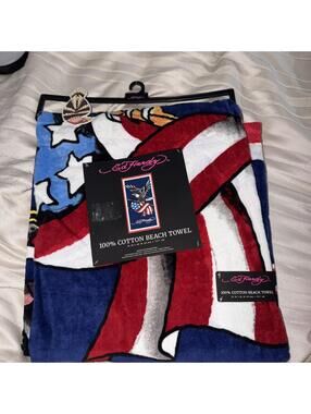 AUTHENTIC USA Flag ED HARDY 100% COTTON BEACH TOWEL, 36" x 68”, NWT